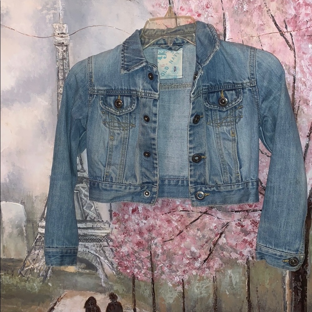 Old Navy faded snap closure crop jean jacket size Jr Small EUC